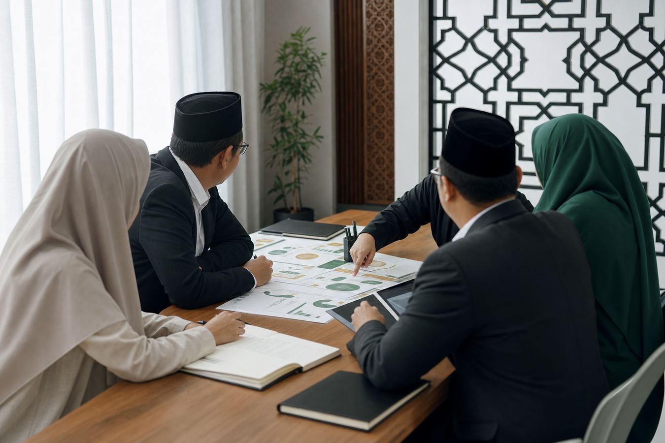Sesi khidmat nasihat institusi dengan dokumen kerja dan perbincangan profesional.