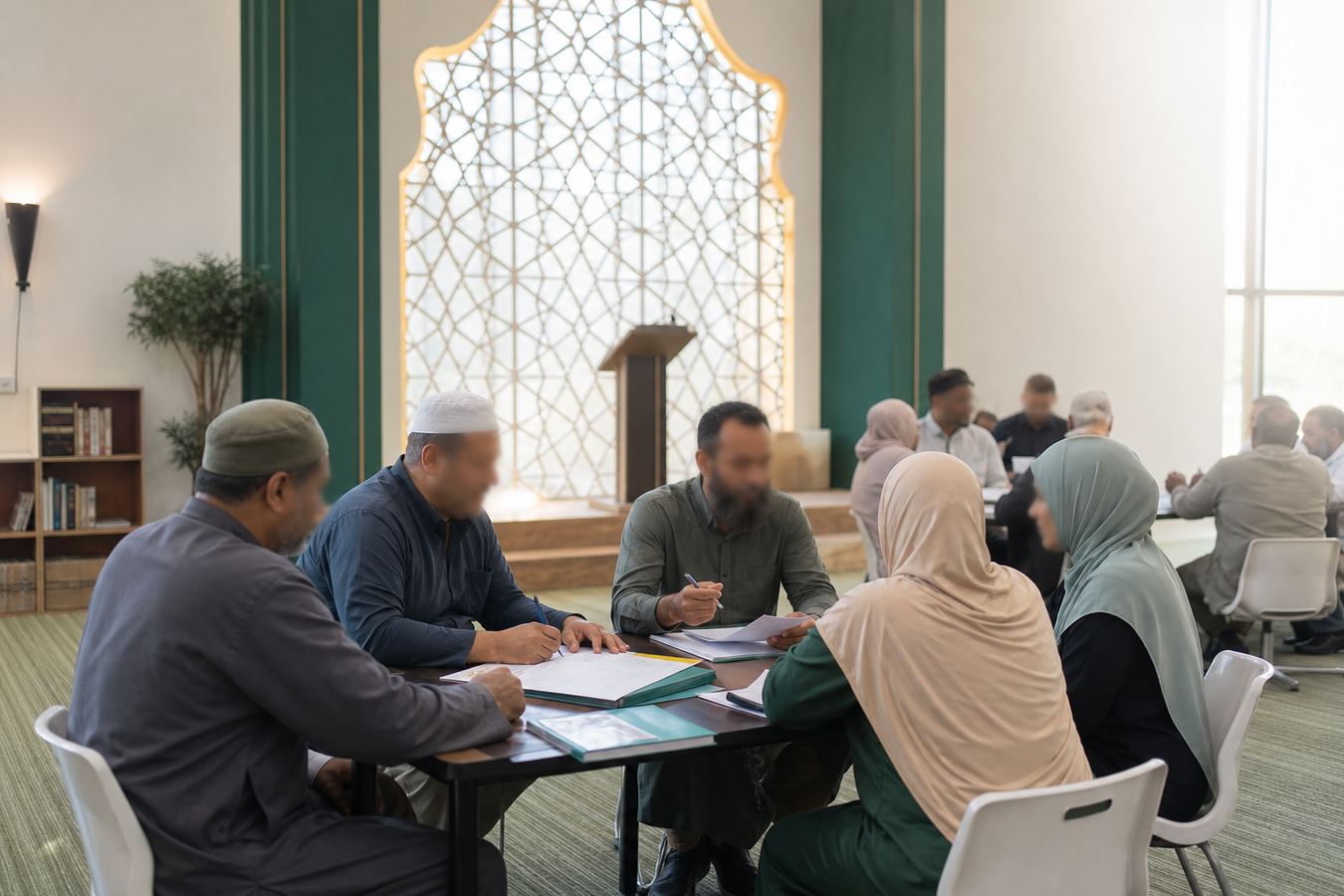 Ahli jawatankuasa dan fasilitator masjid berbincang dalam sesi pembangunan kapasiti komuniti.