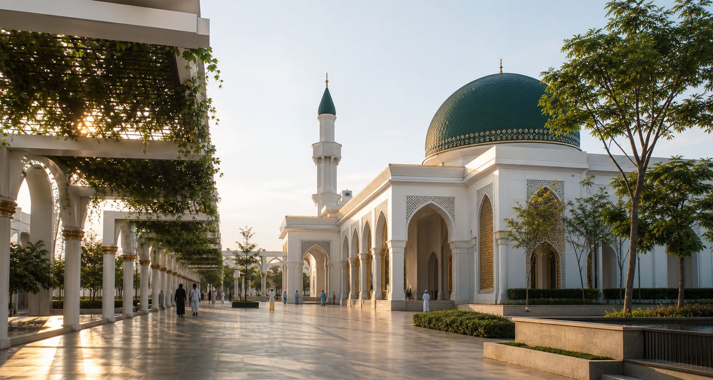 Masjid moden dengan halaman yang bersih dan suasana institusi Islam yang profesional.