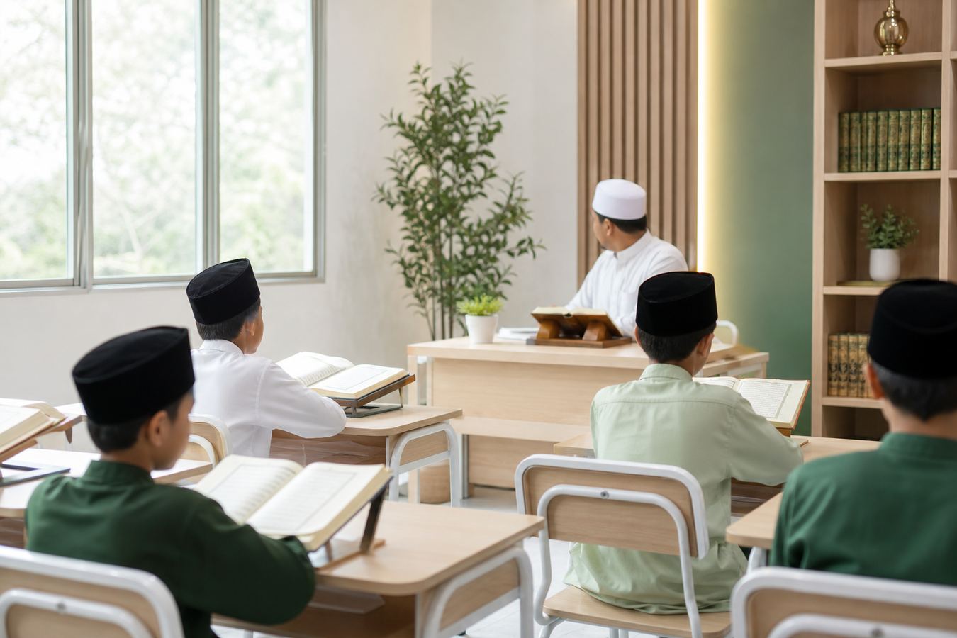 Suasana kelas tahfiz moden dengan guru dan pelajar dalam ruang pembelajaran yang tersusun.